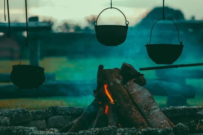 pots over campfire